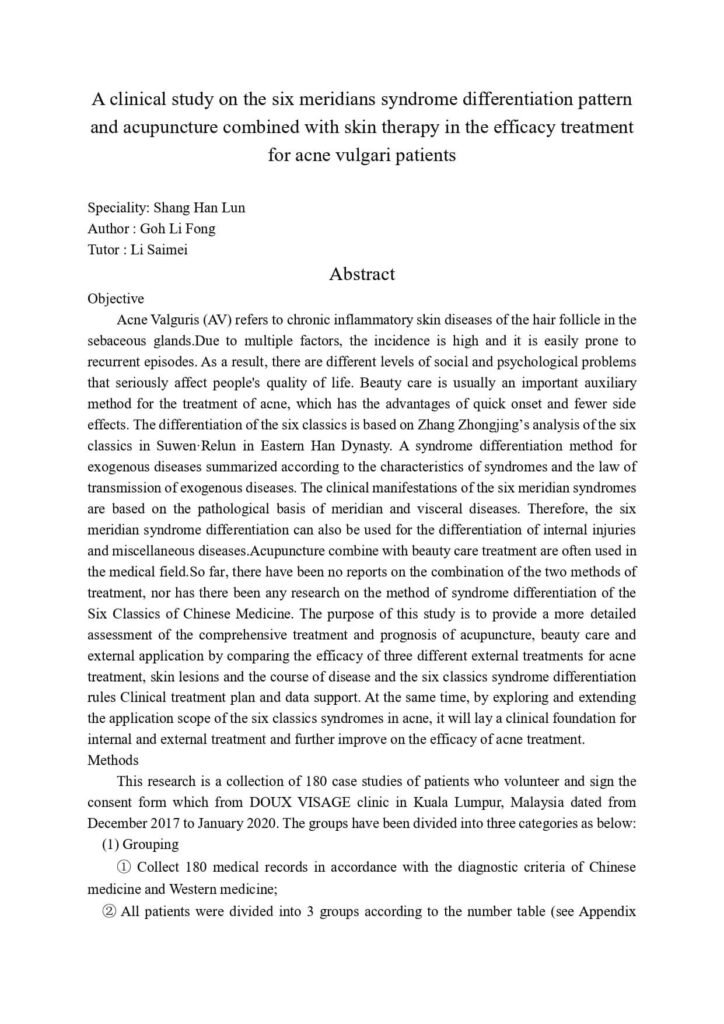 A clinical study on the six meridians syndrome differentiation pattern and acupuncture combined with skin therapy in the efficacy treatment for acne vulgari patients_page-0001