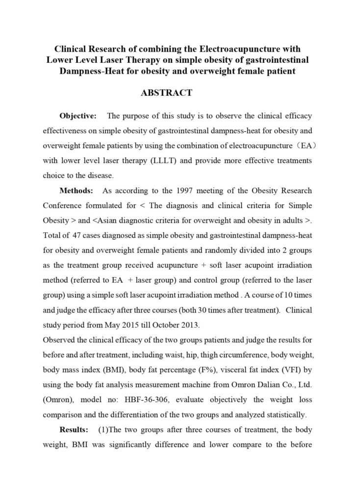Clinical Research of combining the Electroacupuncture with Lower Level Laser Therapy on simple obesity of gastrointestinal Dampness (1)_page-0001